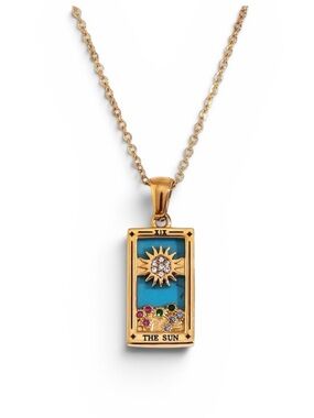 18k Gold Plated The Sun Tarot Card Pendant Necklace . New.